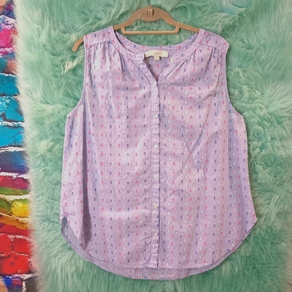 Loft Blue Pink and White Sleeveless Button Down Textured Top Size L - Picture 1 of 6